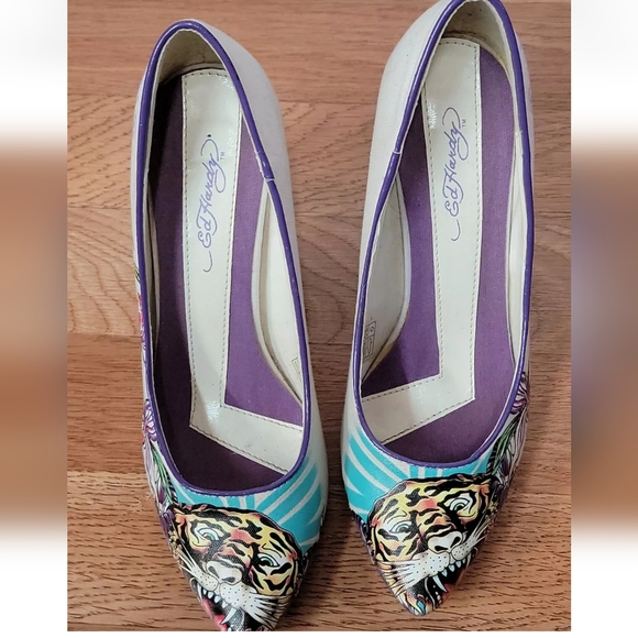 RARE Ed HARDY PUMPS VINTAGE  SIZE US 7 Christian Audigier Designer Canvas - Picture 6 of 12